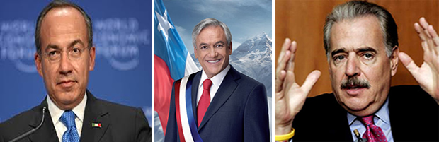 Expresidentes latinoamericanos: El mexicano Felipe Calderón, el chileno Sebastián Piñera y el colombiano Andrés Pastrana.