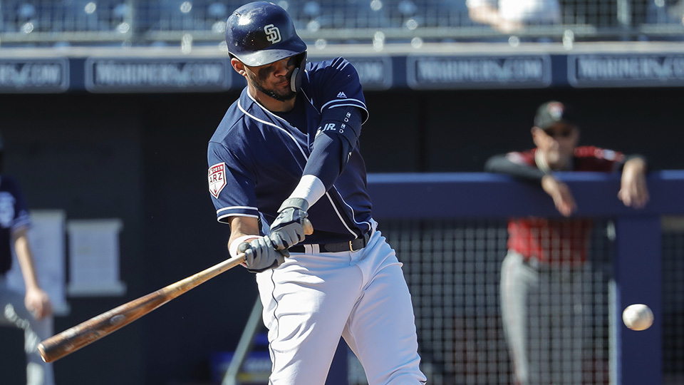 PEORIA, AZ - FEBRUARY 27: San Diego Padres infielder Fernando Tatis Jr. (84) swings at a pitch during the MLB spring training baseball game between the Arizona Diamondbacks and the San Diego Padres on February 27, 2019 at Peoria Sports Complex Stadium in Peoria, Arizona. (Photo by Kevin Abele/Icon Sportswire) (Icon Sportswire via AP Images)